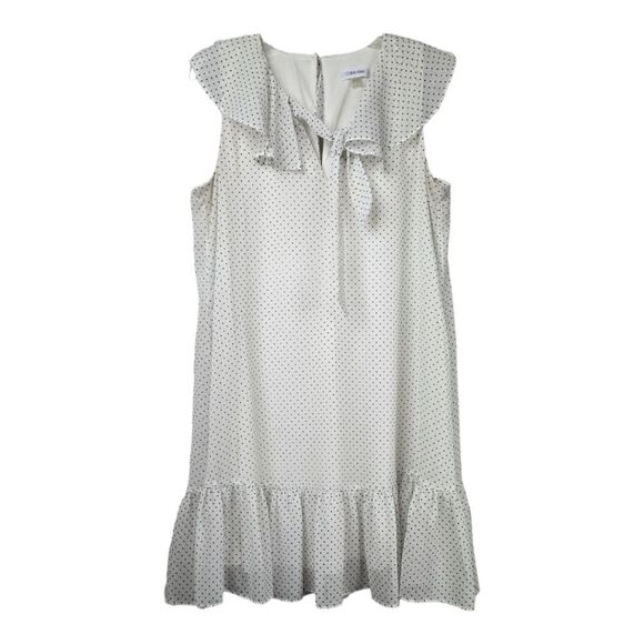 Calvin Klein White Dot-Print Babydoll Dress Ruffle Bow Tie Flutter Sleeve Formal - Picture 16 of 16